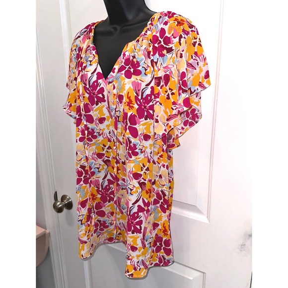 Jules & James pink and orange Women's Floral Double V Ruffle Sleeve Tunic Top - Picture 3 of 5